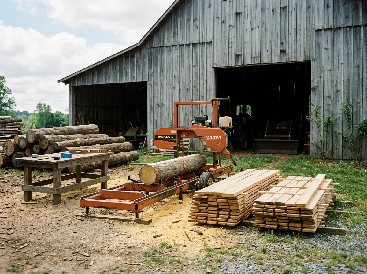 Sawmill equipment and lumber processing operation in a rural setting, showcasing portable milling capability and stacked timber.