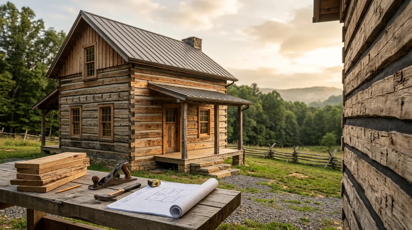 Custom log cabin under construction in rural Virginia