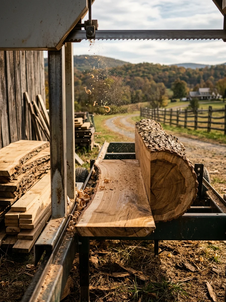 A portable sawmill processing a felled oak log on a rural Rockingham County property with rolling hills in the background.