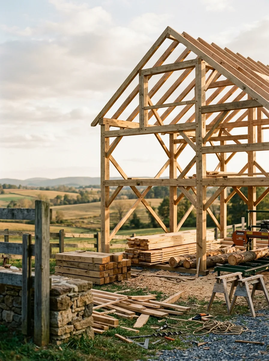 A newly framed timber-frame barn on a Washington County, Maryland, farm property near Hagerstown, with the Hagerstown Valley visible behind it.