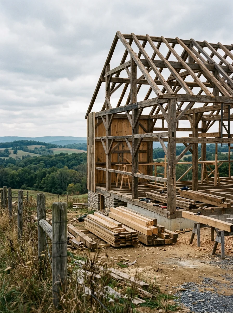 A timber-frame barn under construction on a farm property in the Cumberland Valley of southern Pennsylvania, with ridge terrain in the background.