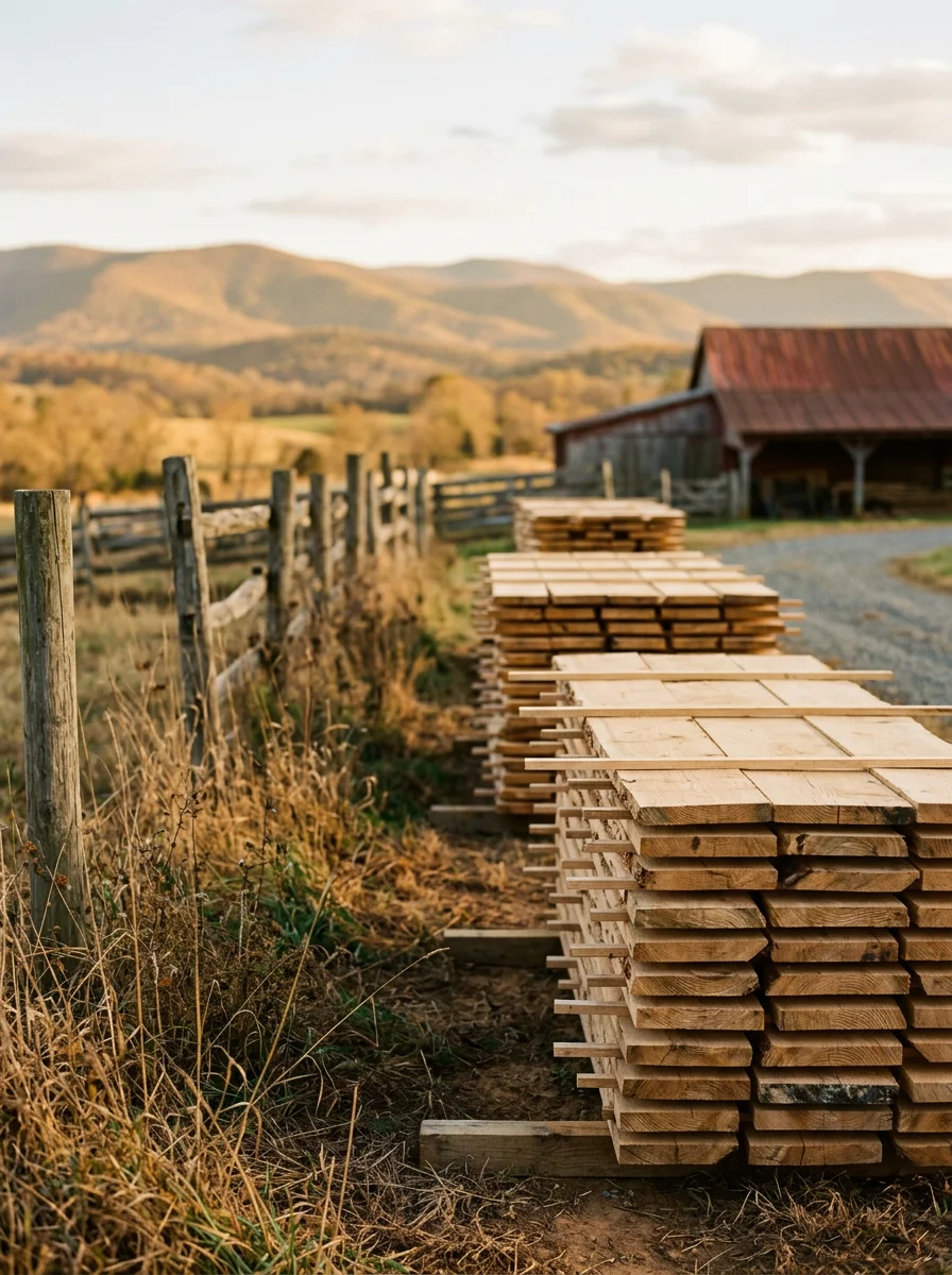 Freshly milled lumber stacked and stickered in a field on a Shenandoah County farm, ready for air drying.