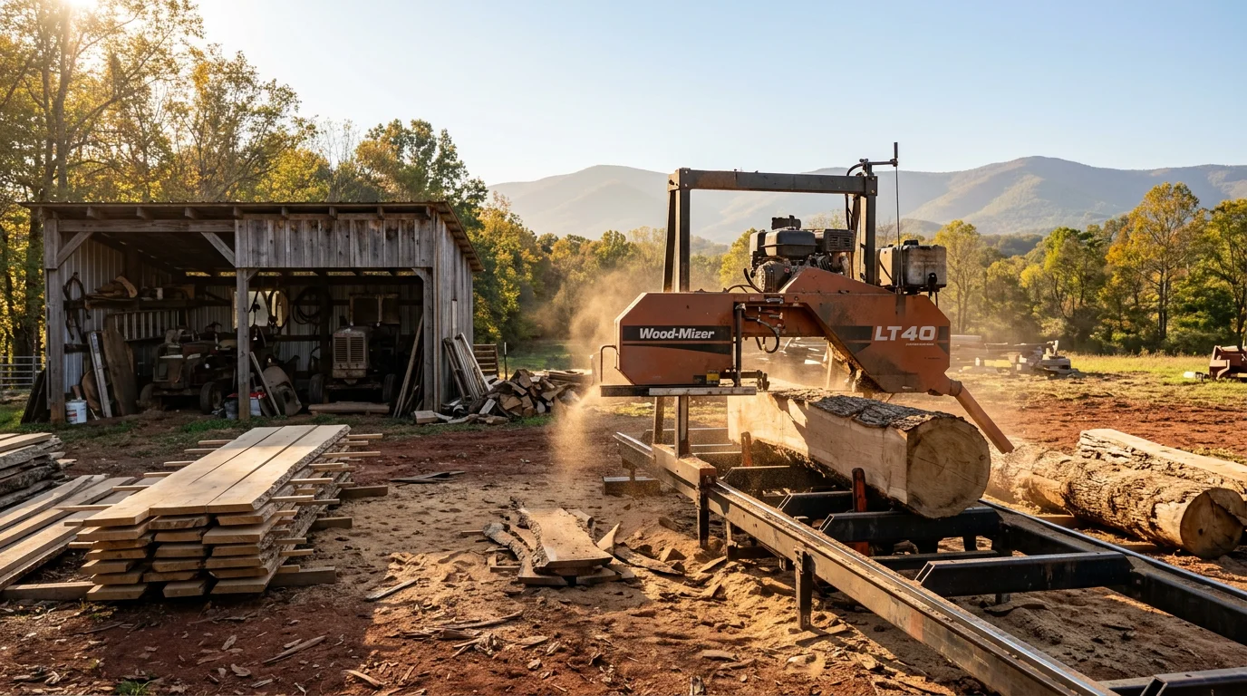 A portable sawmill processing a large white oak log on a rural Shenandoah Valley property, with the Blue Ridge Mountains visible in the background.