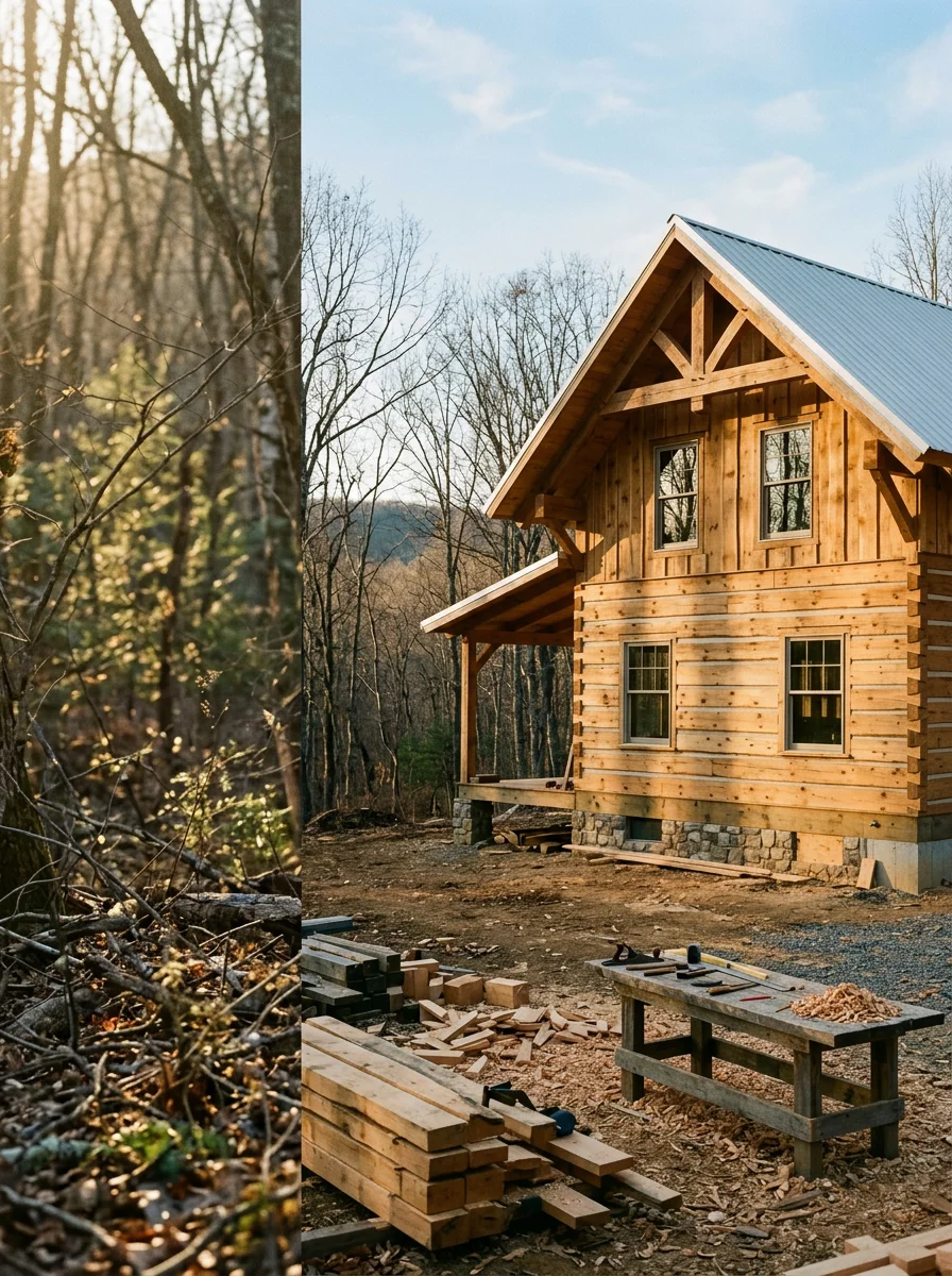 A newly built timber-frame cabin on a cleared rural parcel in the West Virginia Eastern Panhandle, surrounded by mixed hardwood forest.
