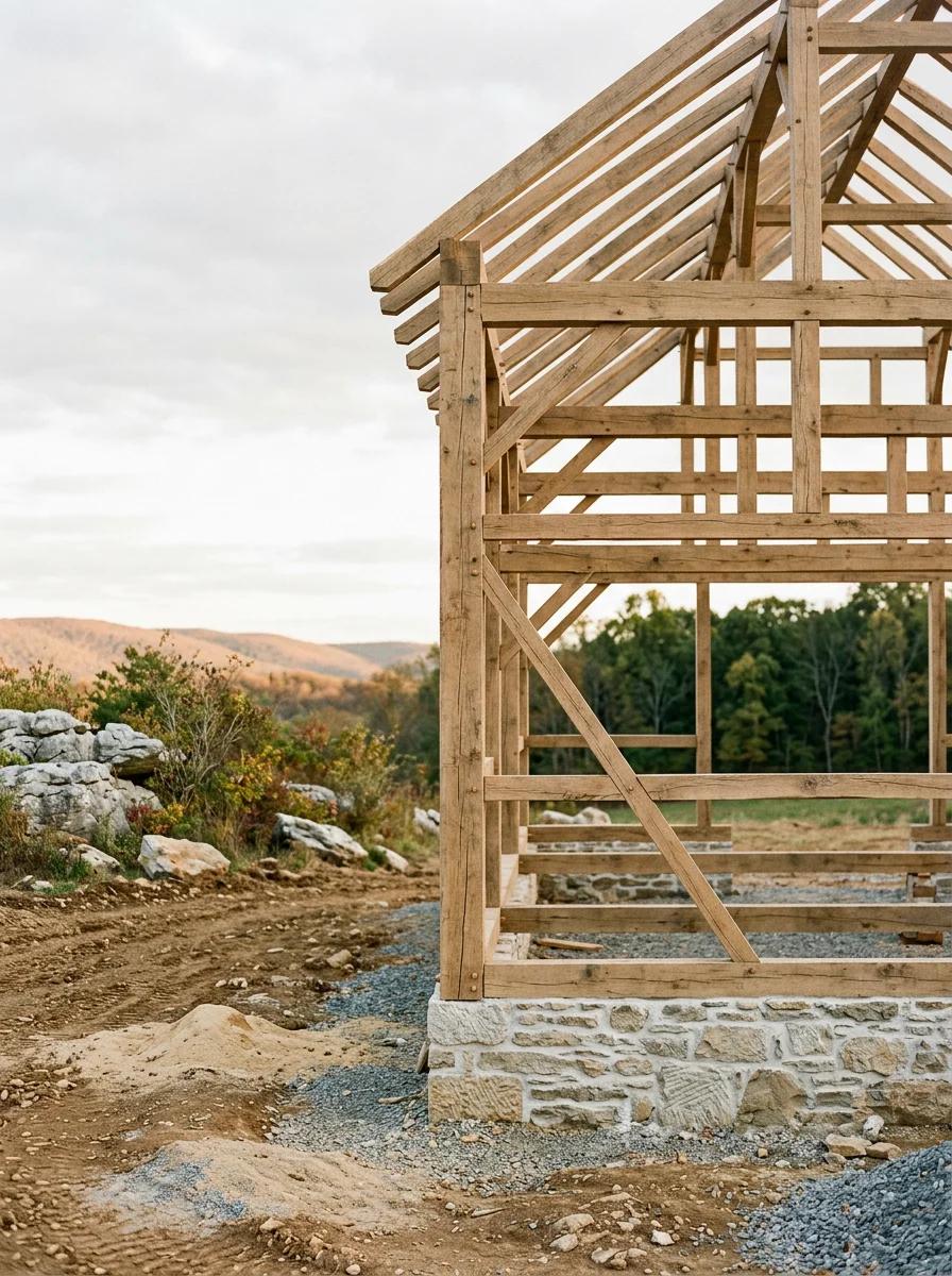 A newly framed timber barn on a cleared limestone-ridge property in the northern Shenandoah Valley near Winchester, Virginia.