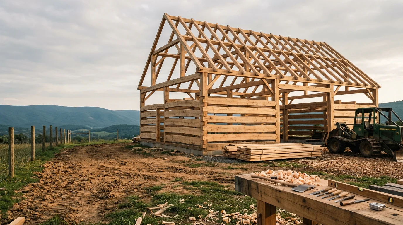 A newly built timber-framed barn on a rural Virginia property with open pasture land and a tree line in the background. The structure features a pitched roof and wide entry doors suited for livestock or equipment access.