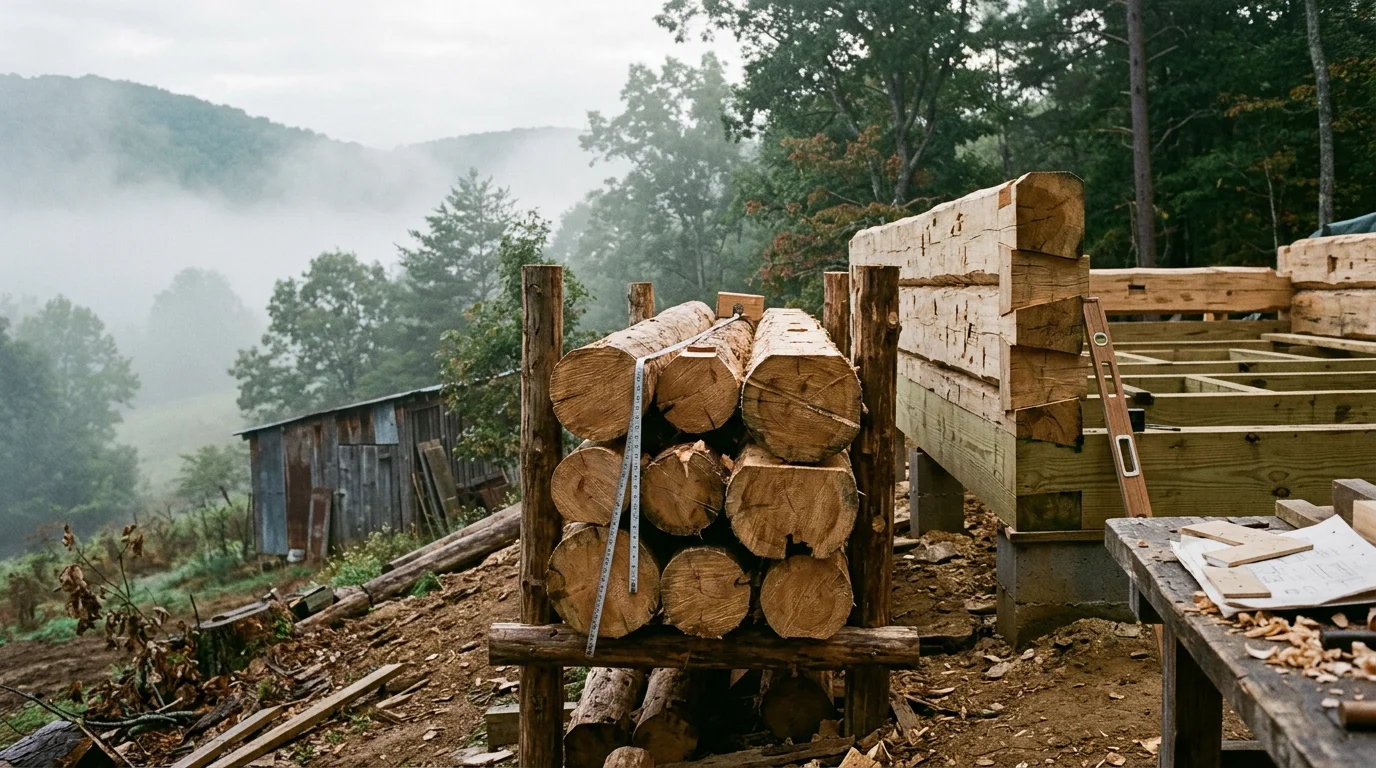 A finished log cabin built by Log to Lumber on a wooded hillside lot in Virginia's Shenandoah Valley region. The structure features a covered porch and sits on a site-appropriate foundation suited to the sloped terrain.