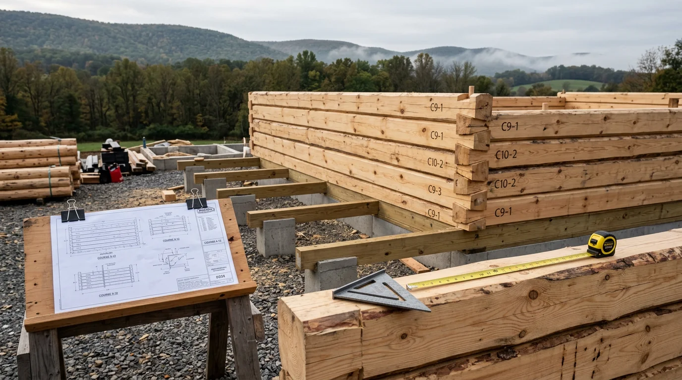 A cabin kit being assembled on a rural Virginia property, with pre-cut log courses stacked and squared on a prepared foundation. The surrounding wooded lot and mountain terrain reflect the Shenandoah Valley region Log to Lumber serves.
