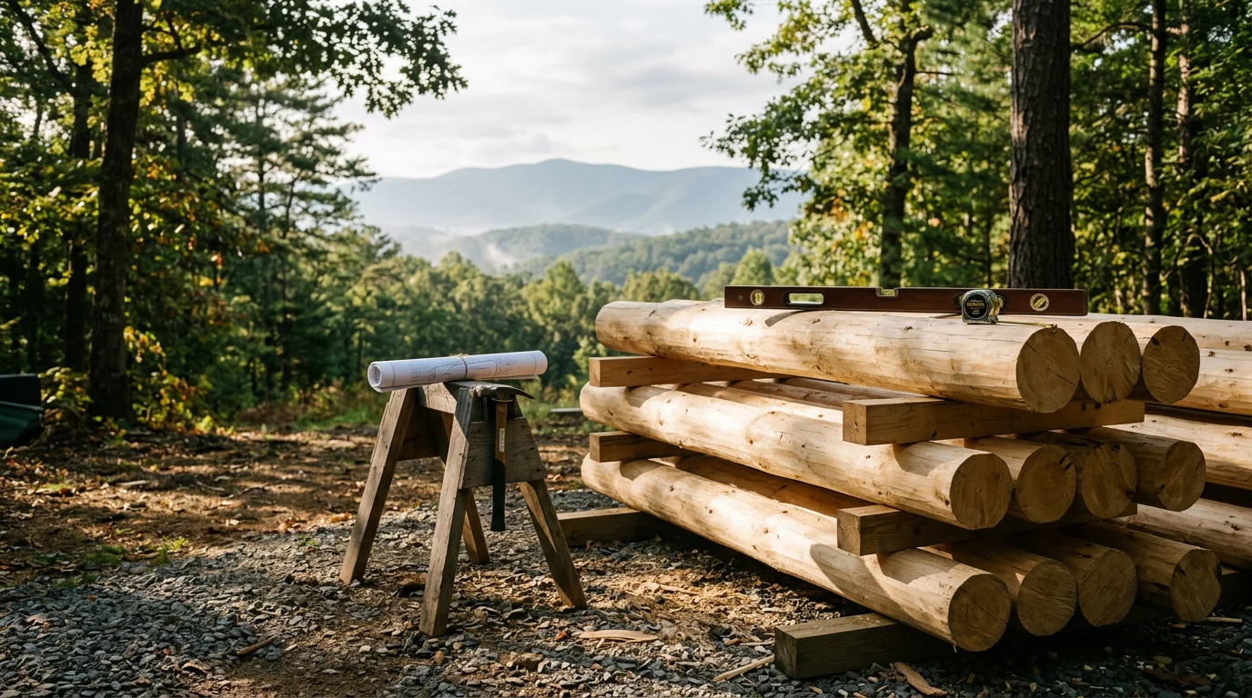 A completed custom log home built by Log to Lumber on a wooded Virginia property, showing full log wall construction and a covered front porch set against a tree-lined hillside. The home reflects the natural terrain common to the Shenandoah Valley region near Harrisonburg.