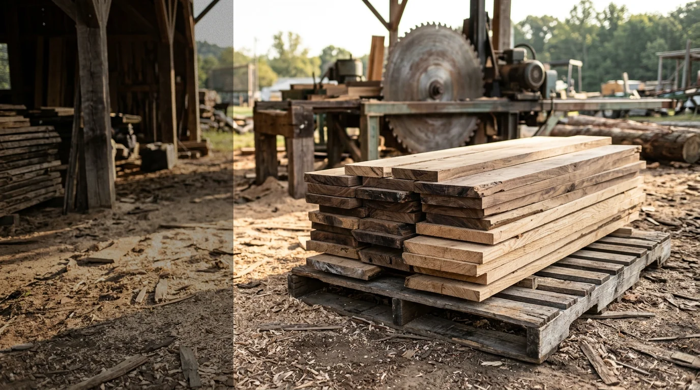 Freshly milled custom lumber boards stacked on a Virginia property, showing varied widths and grain patterns cut from local hardwood logs. A veteran-owned sawmill operation produced the planks for a residential building project in the Shenandoah Valley region.