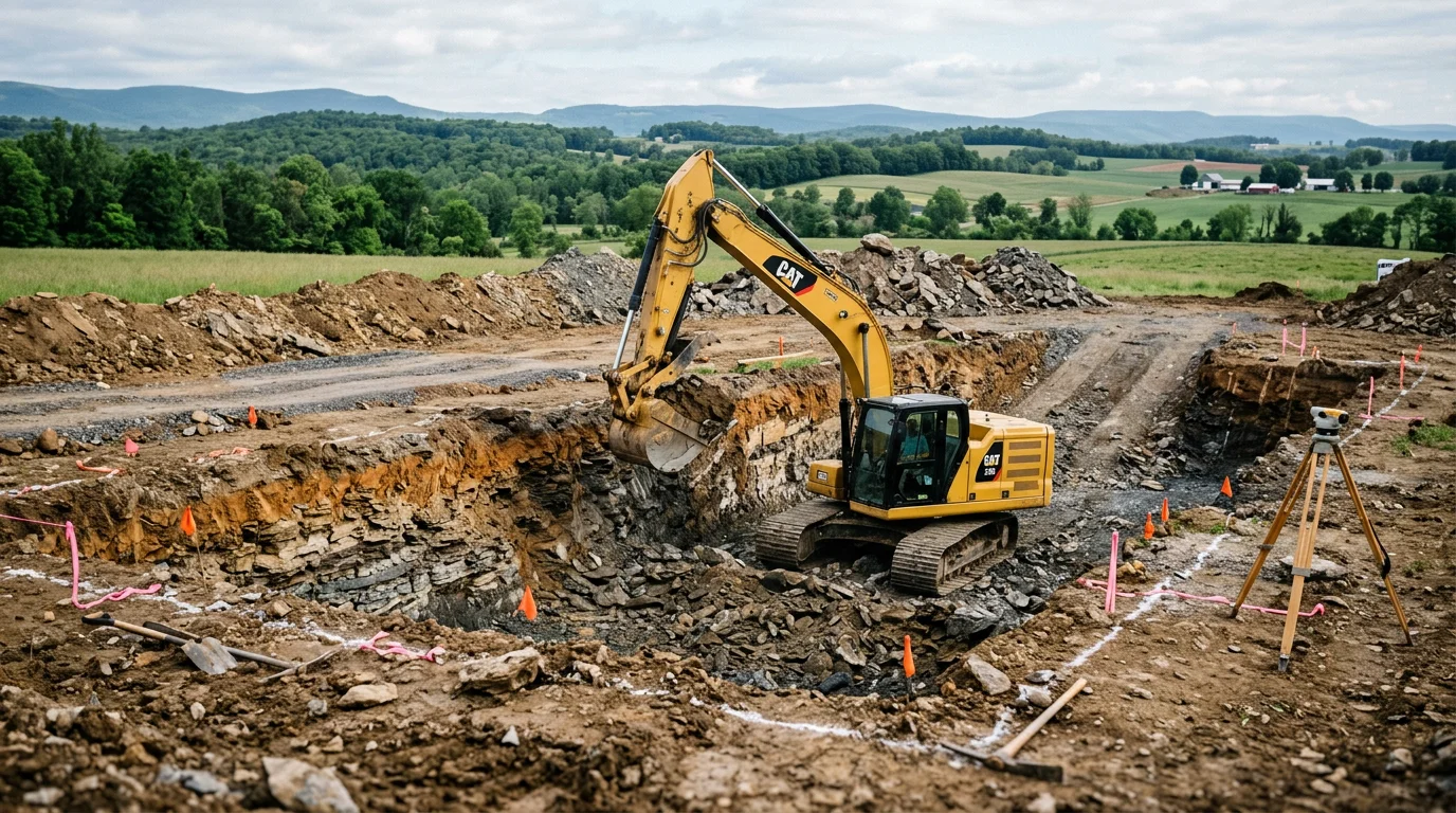 A tracked excavator digging a foundation trench on a residential construction site in Virginia, with exposed rocky subsoil visible along the cut walls. The surrounding terrain shows the rolling, mixed-soil landscape typical of the Shenandoah Valley region.