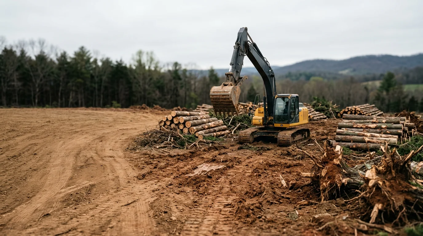 A cleared wooded lot in Virginia with stumps removed and open ground ready for development. Heavy equipment tracks are visible across clay soil typical of the Shenandoah Valley region.