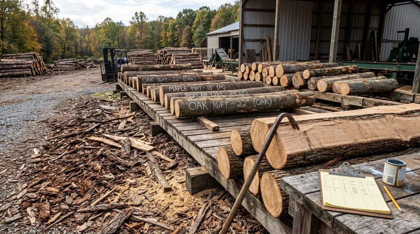 Raw hardwood logs sorted and bucked to length in a Virginia log yard, ready for sawmill processing. Stacked oak and pine logs show varied species typical of Virginia timber harvests.