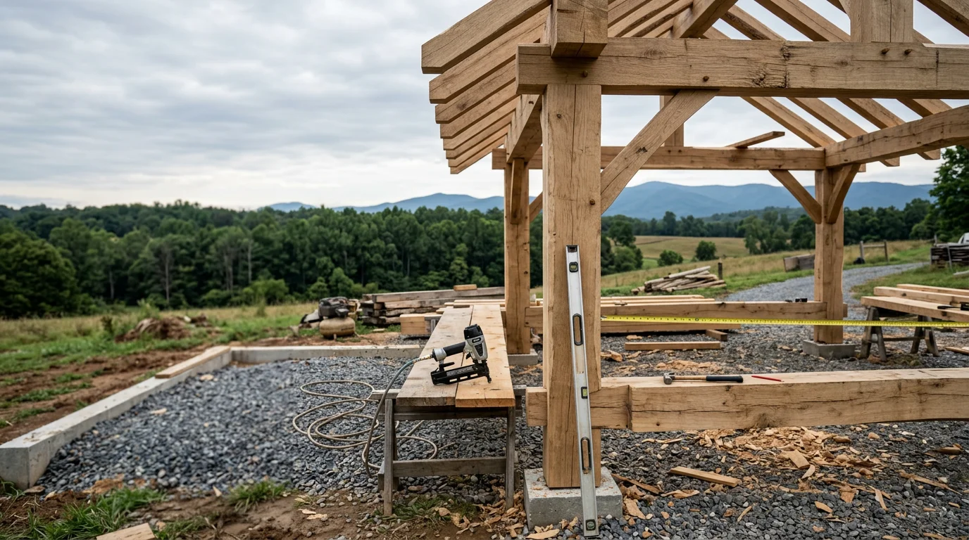 A completed log structure with open timber framing standing on a rural Virginia property surrounded by mature trees. The structure shows exposed log posts and a pitched roof built to handle the region's seasonal weather.