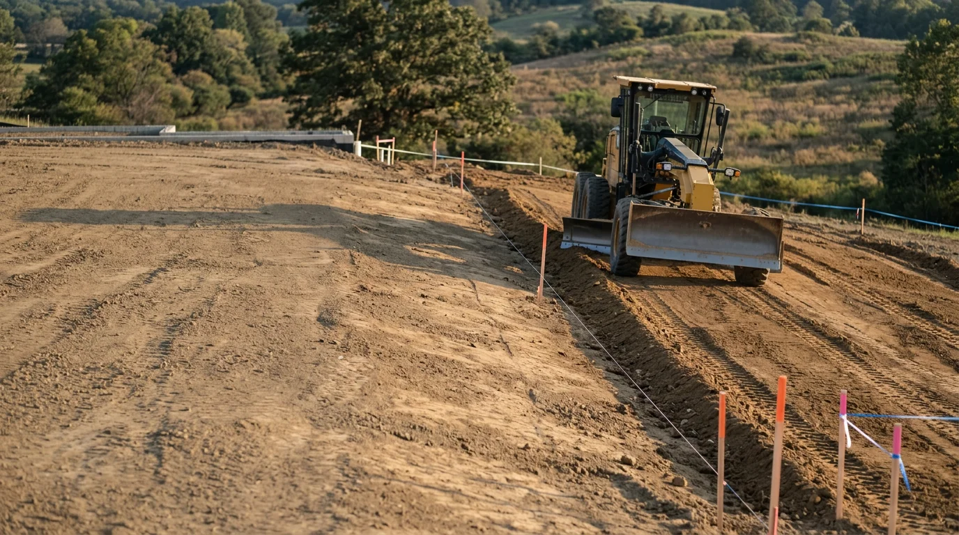 A graded residential lot in Virginia with smooth, sloped terrain directing water away from a home's foundation. Heavy equipment tracks are visible in the freshly shaped soil on a rural property.