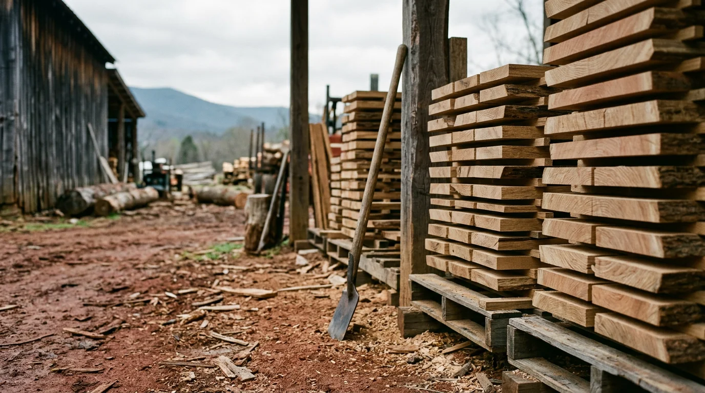 Freshly debarked and stacked hardwood lumber boards at a Virginia sawmill, spaced for air circulation after milling. Rough-sawn oak and poplar planks are shown in even rows ready for a construction or woodworking project.