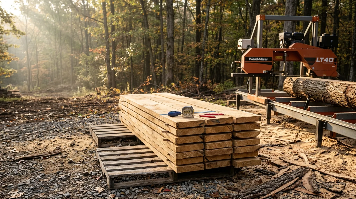 A portable sawmill cutting a large hardwood log into dimensional lumber boards on a rural Virginia property. Freshly milled oak planks are stacked beside the mill on a wooded lot.