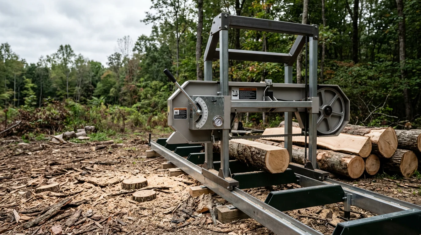 A portable sawmill cutting a large hardwood log into dimensional lumber on a rural Virginia property. Fresh-sawn oak boards are stacked beside the mill with timber and open land visible in the background.