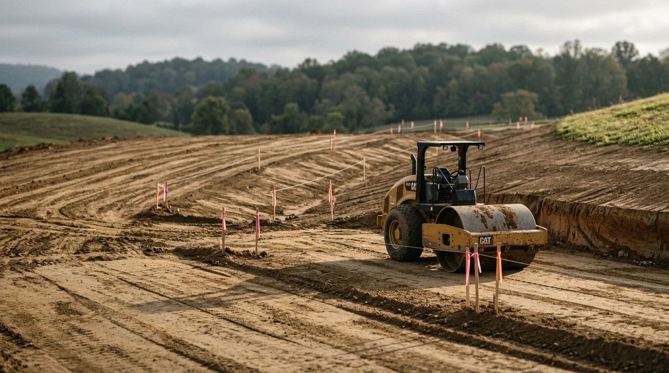 A freshly graded and compacted building site in Virginia with level soil and defined drainage contours, ready for foundation work. Heavy equipment tracks are visible across the prepared lot, with a tree line in the background.